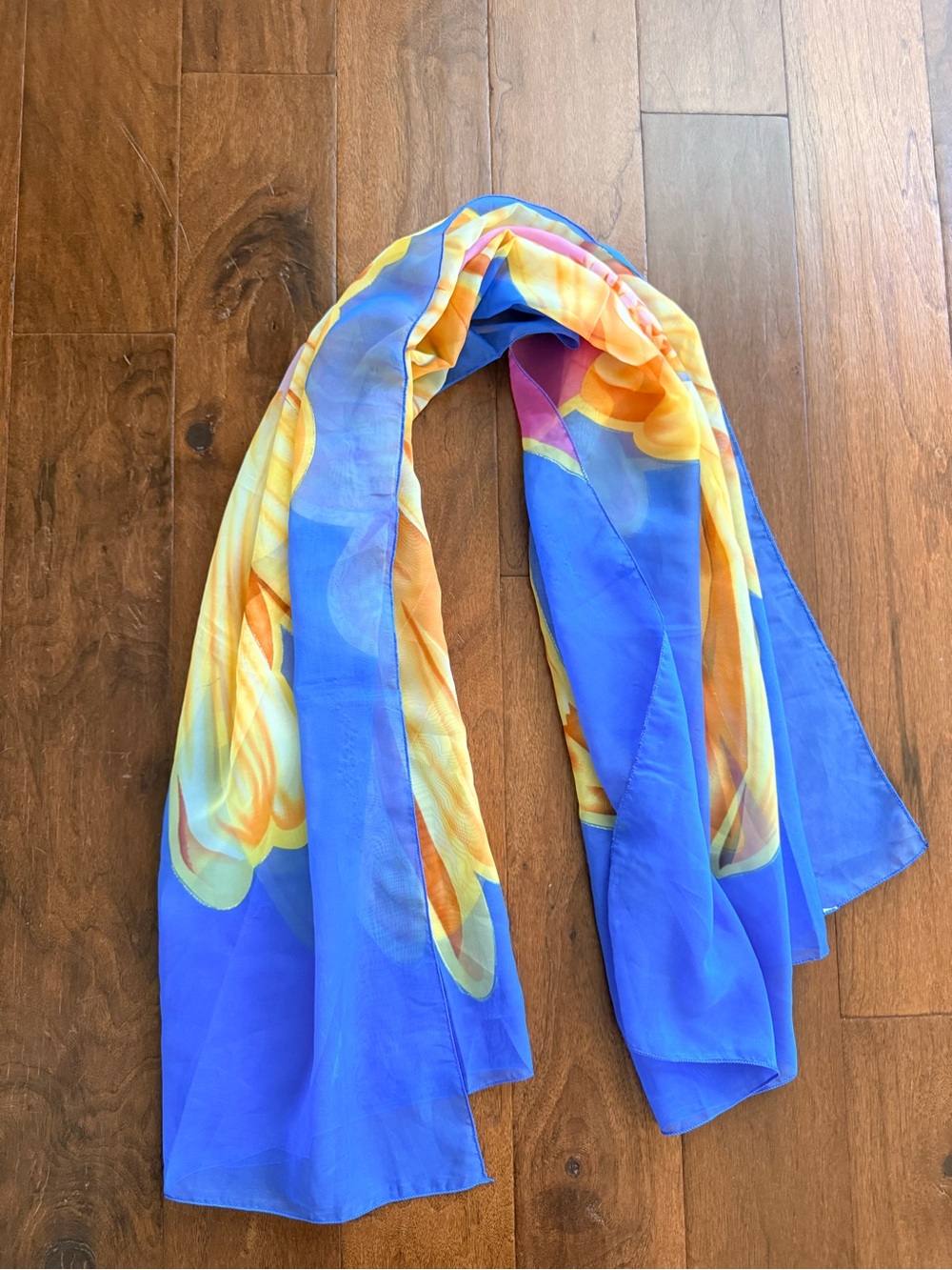 Blue and Yellow Floral Lightweight  Scarf - Polyester